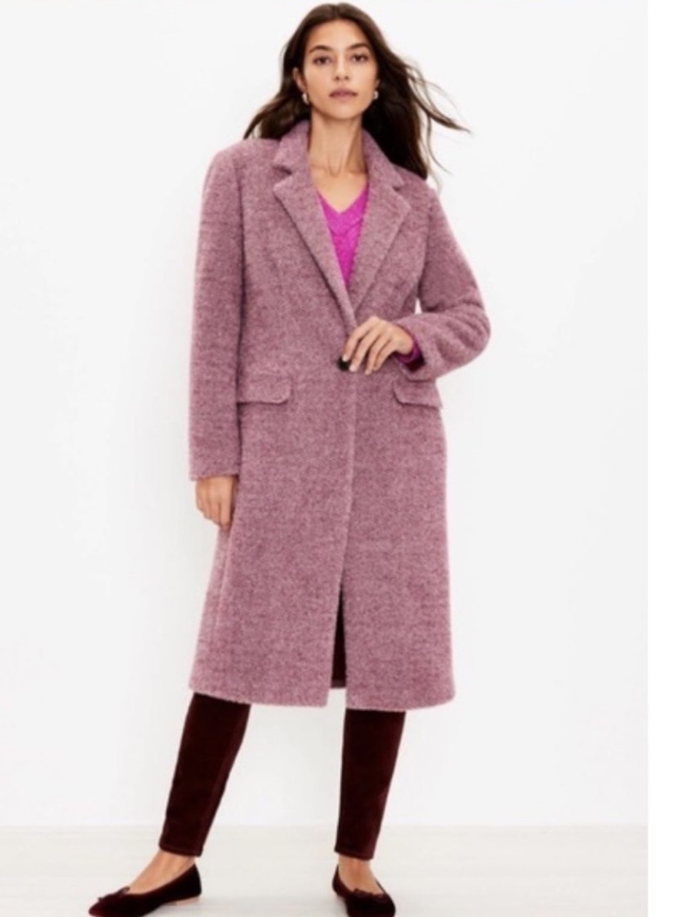 NWT Loft Herringbone Long Coat in Pink, Size S